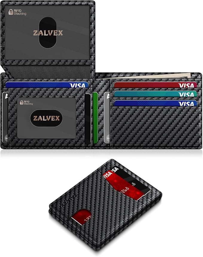 ZALVEX Wallet for Men Slim RFID Blocking Leather Credit Card Holder Wallet | 14 Cards Bifold Minimalist Thin Wallet with 2 ID Windows & Cash Slot Front Pockt Carteras Para Hombres Birthday Gifts for Men by ZALVEX