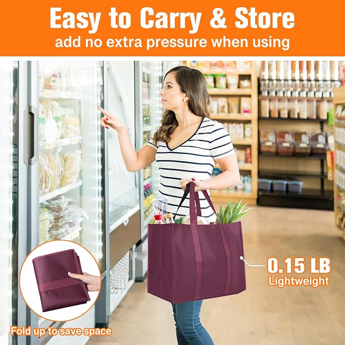 WISELIFE Reusable Grocery Bags, Foldable, Lasting Use, 35L, 4 Pack, Claret | Large Shopping Bags with Reinforced Stitching, Water-Resistant Grocery Totes for Kitchen, Market, Car Trunk, Picnic - Image 6