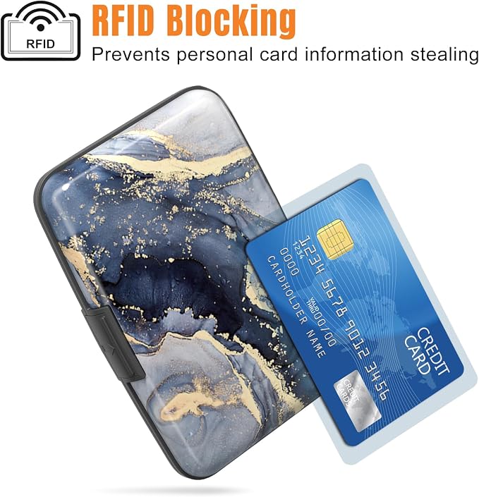 Rimilak Aluminuml Credit Card Holder,Grey Gold Mable | Mini Credit Card Wallet RFID Blocking Slim Metal Hard Case for Women Men - Image 2