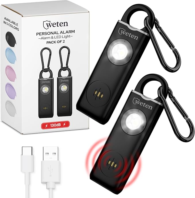 Women Safety Personal Alarm Keychain, 130dB Siren, USB-C, 2 Pack Black | Rechargeable, Carabiner Clip, Low Battery Alert, LED Light, Self Defense Whistle Alternative for Women by WETEN