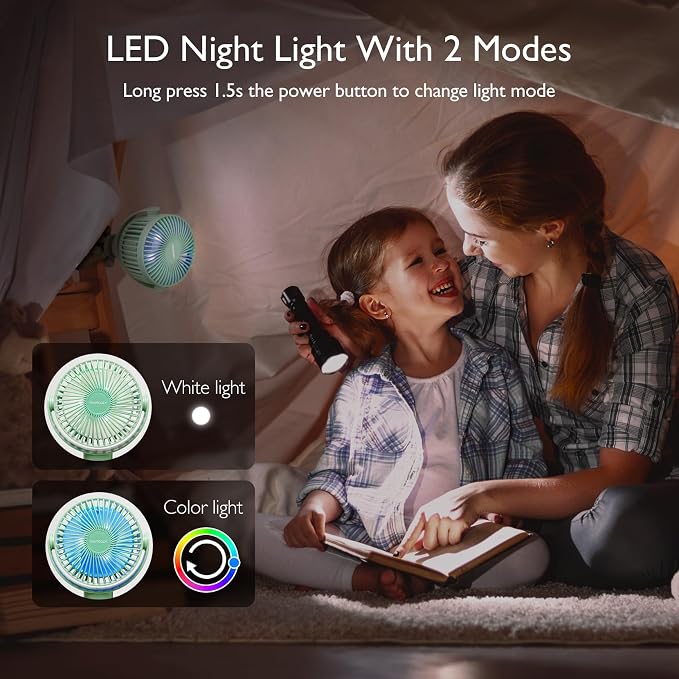 Momcozy 8000mAh Portable Stroller Fan, 27H Ultra-long Battery Life | Detachable 4 Speed 360°Rotate LED Night Light with 2 Modes, USB Rechargeable Handheld Cooling Fan for Travel/Car Seat/Bedroom - Image 6