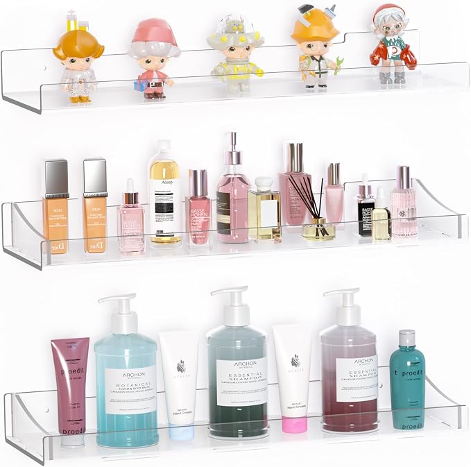 Acrylic Shelves for Bathroom, Clear Floating Shelves for Wall, Wall Organizer Suitable for Bathroom, Bedroom, and Living Room Storage for Make Up,Action Figure,Books -3 Pack by Unknown