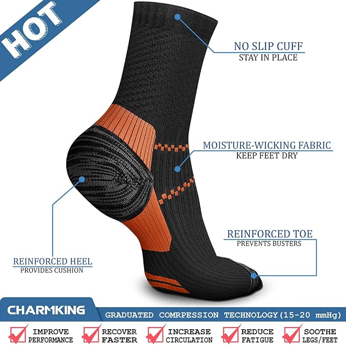 CHARMKING 6 Pairs Crew Compression Socks for Women & Men Circulation 15-20 mmHg is Best for All Day Wear Running Nurse - Image 5