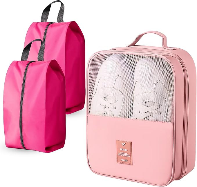 Shoe Bags for Travel Holds 3 Pair of Shoes, Shoe Storage Pouch with 2 Pack Portable Bags, Waterproof & Washable, Pink by UPRIMEASY