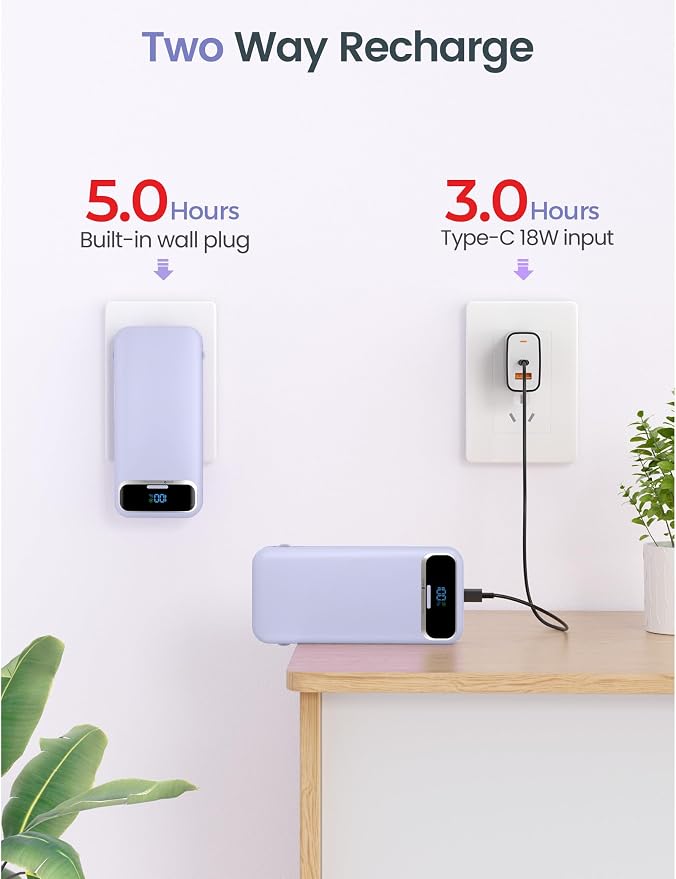 aonidi Portable Charger 12000mAh with Built-in Cables&AC Wall Plug, Purple | PD20W USB C Fast Charging,LED Display External Travel Power Bank,TSA approved Battery Pack for All iPhone,Samsung,Android - Image 7