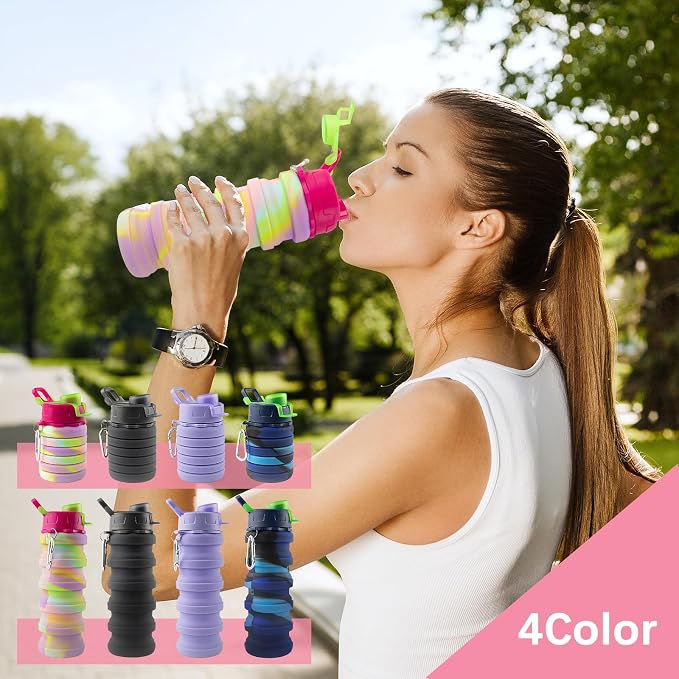 4 Pcs Collapsible Water Bottles 16 oz Portable Foldable Water Bottles Silicone Leak Proof Travel Water Bottle Reusable Sports Water Bottle with Metal Clip for Camping Hiking Travel - Image 5