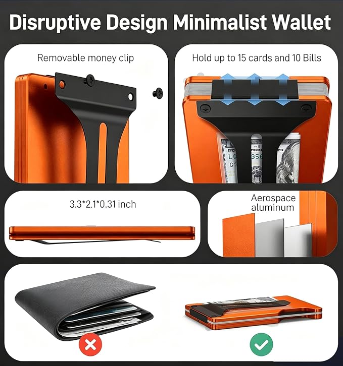 Minimalist Wallet for Men, Slim Metal RFID Blocking Wallet Credit Card Holder Money Clip & Cash Strap, Scratch-Resistant Holds 15 Cards,Ideal Gift for Men | Matte Orange - Image 7