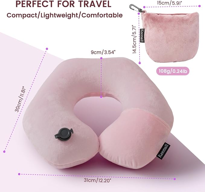 Keemall Inflatable Travel Neck Pillow for Airplane to Relieve Neck Pain | U-Shaped with Soft Washable Cover,Ergonomic Cervical Support for Flights, Car, Home, Camping&Office Naps, Gift for Women,Pink - Image 8