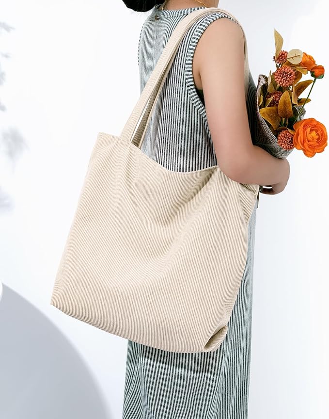 Iioscre Corduroy Tote Bag for Women,Hobo HandBags with Zipper | Large Capacity Casual Shoulder Bag with Inner Pockets for Shopping Work Daily Travel. - Image 7