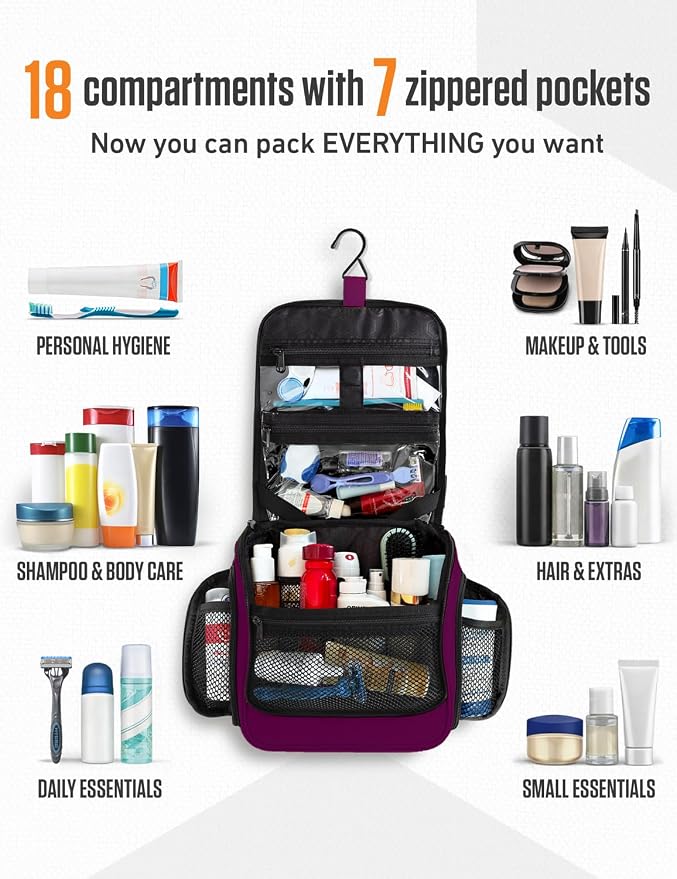 VENTURE 4TH Hanging Travel Toiletry Bag, 18 Compartments - Purple | Hangs on rails, hooks or doors; stands upright. Removable TSA pouch. Water-resistant Nylon 290D Twill, reinforced stitching. - Image 3