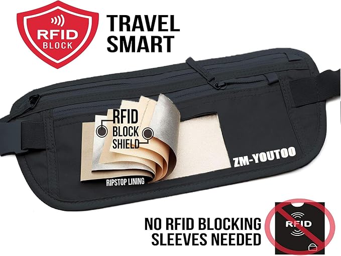 ZM-YOUTOO Money Belt for Travel - Hidden Travel Pouch Protect Your Credit and Money With RFID Blocking Passport Holder Waist Wallet (Black) - Image 3