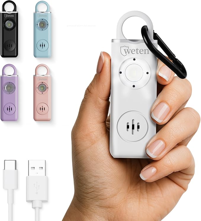 Personal Alarm for Women Safety, 130dB Loud Siren Keychain, TSA Safe, White | USB-C Charging, Carabiner Clip, Low Battery Alert, LED light, Self Defense for Women by WETEN