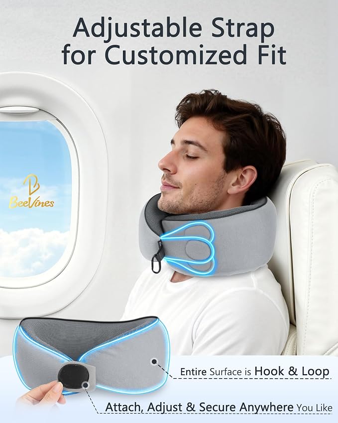 BeeVines Travel Pillow with Carry Case, Memory Foam Neck Pillows for Flight | 360° Wrap Around Support for Sleeping, Breathable & Washable Cover, for Long Flights, Car & Train Traveling - Image 2