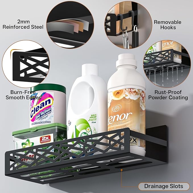 Magnetic Washing Machine Side Storage Rack Shelves 4-Pack, Heavy Duty Metal Narrow Shelf with Hooks, Slim Laundry Room Organizer for Washer Dryer Gap, Space Saving Magnetic Storage for Laundry Kitchen - Image 5