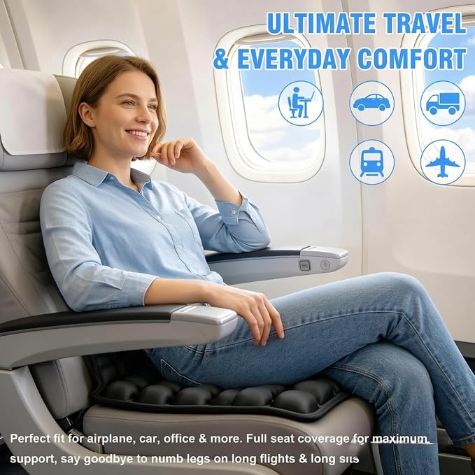 Bogey's Antidote Upgrade Airplane Seat Cushion - Inflatable Travel Cushion for Long Flights with No External Pump, Non-Slip, Washable, with Storage Bag(Black) - Image 2