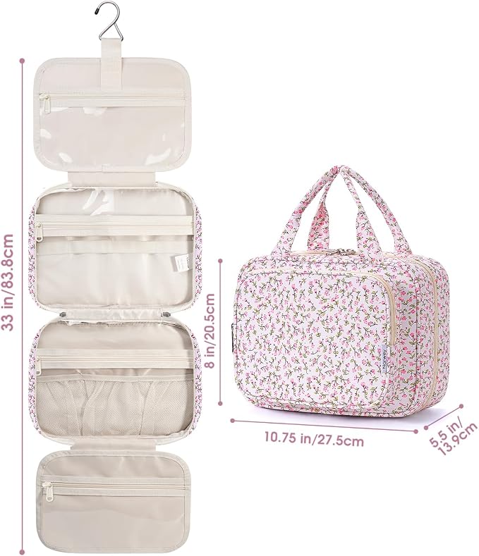 Narwey Hanging Toiletry Bag for Women Travel Makeup Bag Organizer Toiletries Bag for Travel Size Essentials Accessories Cosmetics (Pink Flower (Medium)) - Image 9