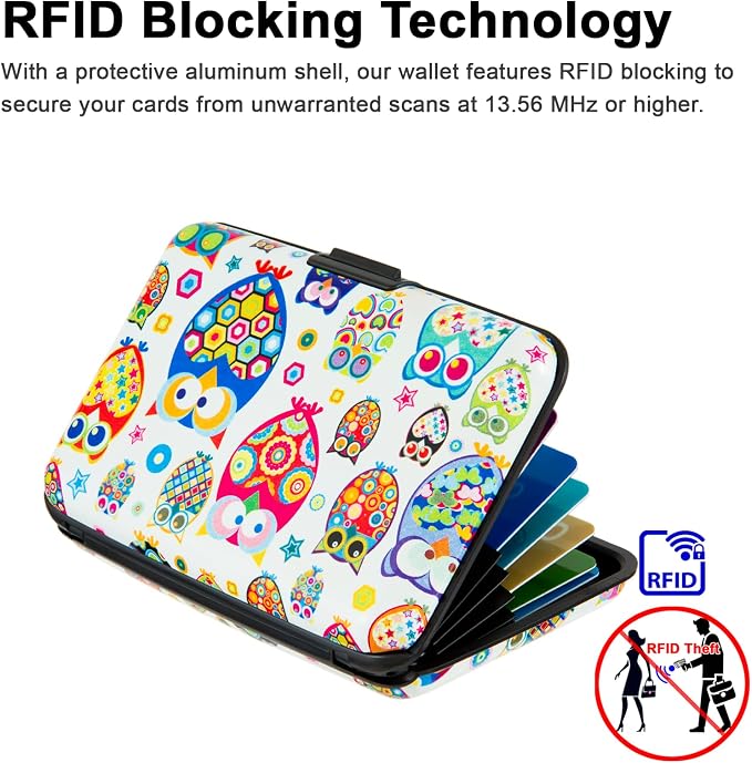 Credit Card Holder for Women Men RFID Blocking Wallet Small Business Metal Slim Mini Aluminum Hard Case (Cute Cartoon Owls) - Image 3