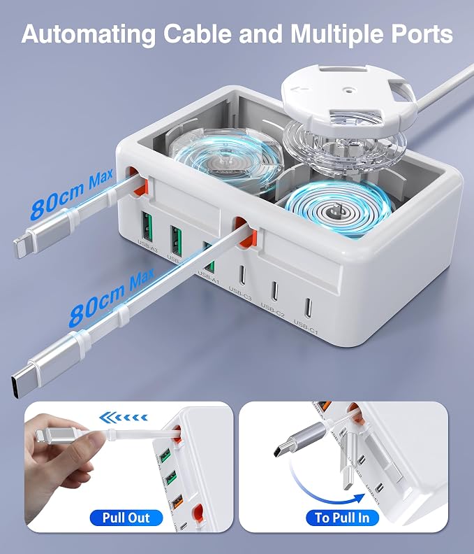 2026 Latest USB C Charger Block, 8 in 1 GaN Retractable Charger Station Hub with Lightening & Type C Cable, 120W Travel Essential Multi USB C Power Strip Plug for iPhone 17 16 15 Pro Max iPad Galaxy - Image 7