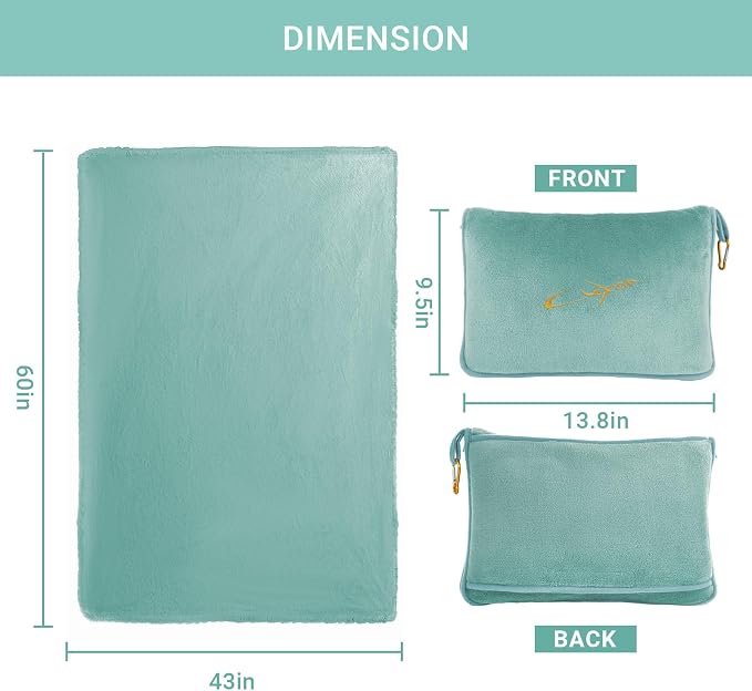 Travel Blanket & Pillow Set, 300 GSM Soft Fleece, 60x43 Inches, 3-in-1 Airplane Blanket, Travel Pillow and Blanket Set, Travel Blanket Airplane Compact with Bag, Travel Essentials,Mint Green - Image 4