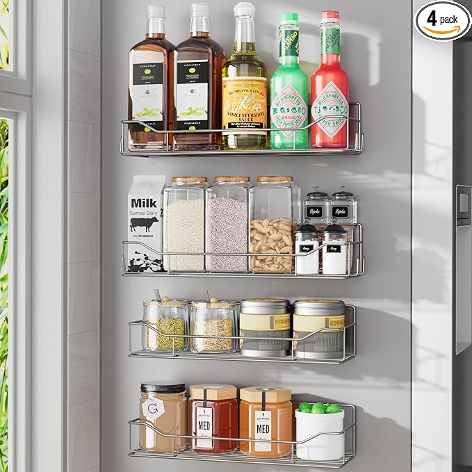 Magnetic Spice Rack for Refrigerator, 4 Pack Metal Strong Magnet Spice Organizer Shelves, Magnetic Fridge Shelf for Kitchen Seasoning Organizer Gadgets, Home Organization and Storage (Grey) by IYEBAU