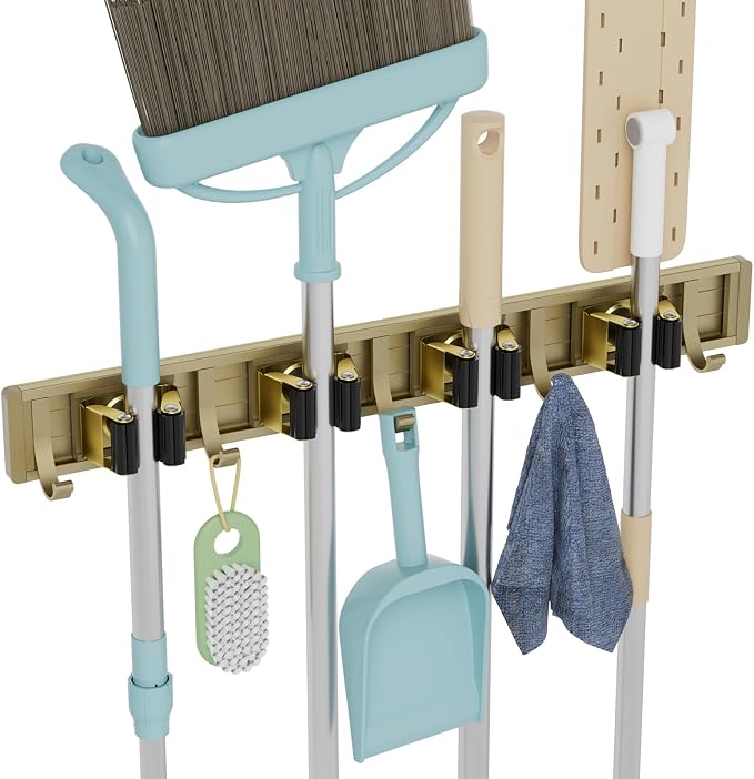 reliahom Broom Holder Wall Mount Mop Hanger Tools organizer 4Racks 5Hooks | Adjustable Mop Broom Wall Hanging Heavy duty Tools Storage Rack Space-saving for Garage,Kitchen,Laundry Room,Garden, Bronze by reliahom
