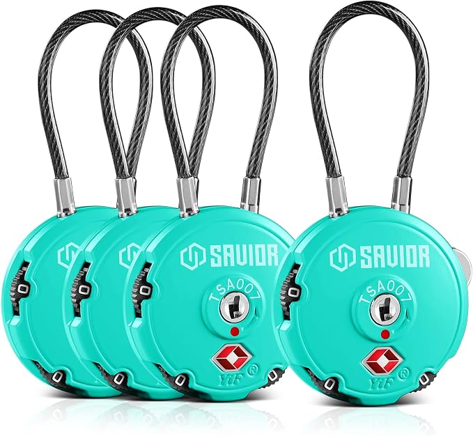 Savior Equipment Quality TSA-Approved 3-Digit Combination Cable Travel Luggage Locks for Rifle Bag Firearm Gun Case Accessories Ammo Boxes Outdoor Storage, Savior Teal, 4-Pack by SaviorEquipment