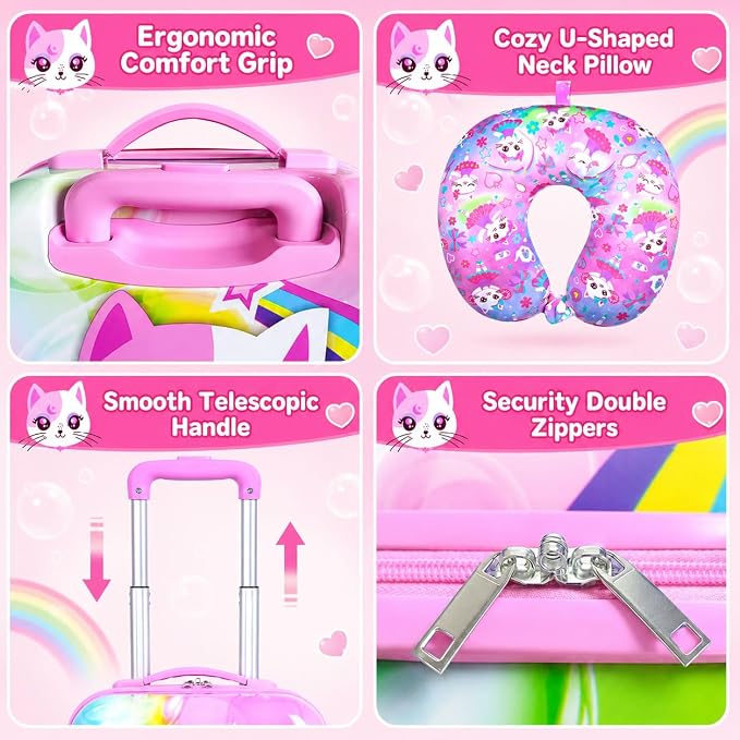 Kids Luggage Set with Wheels, Lightweight Hardshell Spinner Suitcase 2PCS - Airplane Approved Carry-On for Girls & Children Ages 3-10, Pink Cat Rolling Suitcases for Elementary Toddler Travel - Image 5
