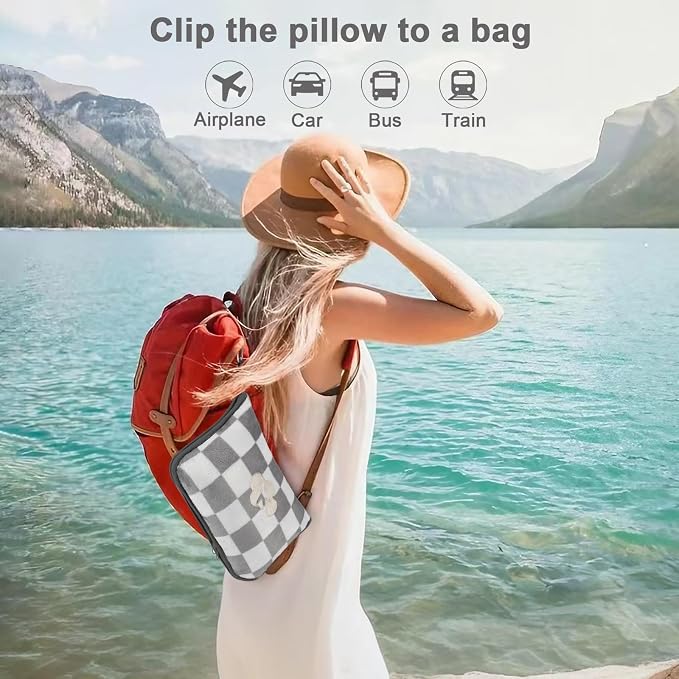 Travel Blanket and Pillow Compact, Premium Soft 2 in 1 Airplane Blanket with Soft Bag Pillowcase，Hand Luggage Sleeve and Backpack Clip (Grey Checkered) - Image 3