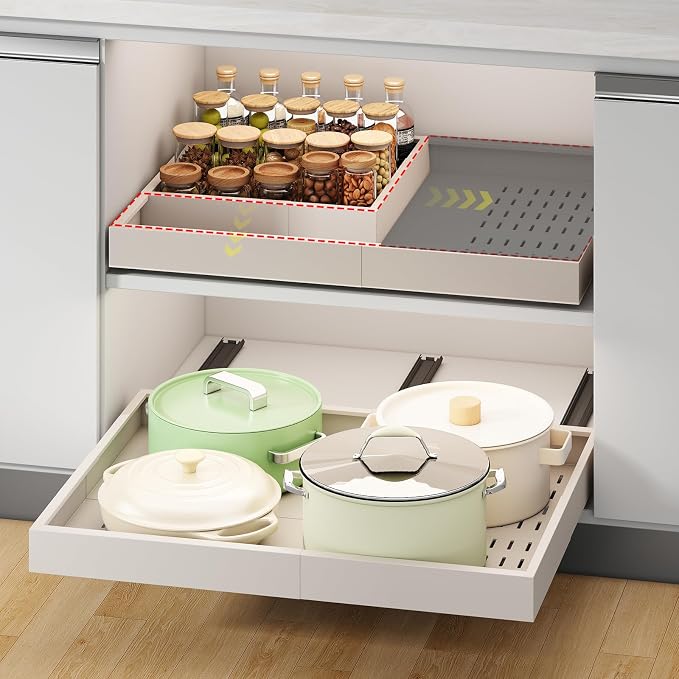 Fokyfok Pull out Cabinet Organizer,14"-21"W,17"-24"D,Expandable,Adhesive | No Drill,3 Rails,Adjustable Slide out Drawers for Kitchen,Pantry,Roll out Shelves,for Cabinets Without Lip,Bathroom,White,1PC by Fokyfok