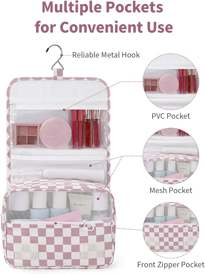 Narwey Small Hanging Travel Toiletry Bag for Traveling Women, Checkered Travel Bag for Toiletries, Makeup Bag Organizer Make Up Cosmetic Bags,Gifts for Kids Teen Girls (Dusty Pink Checkerboard) - Image 3