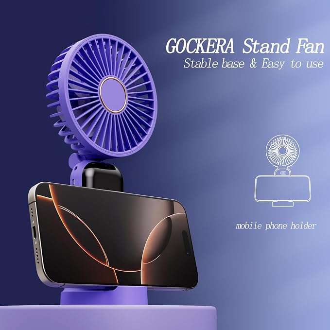 GOCKERA Portable Fan, 4200mAh Battery Operated Fan, 5 Speeds&Digital Display, Makeup Fans for Women with Base, 180°Foldable 3in1 Handheld/Neck/Desk Fan for Outdoor Indoor,Ultra Quiet (Purple) - Image 5