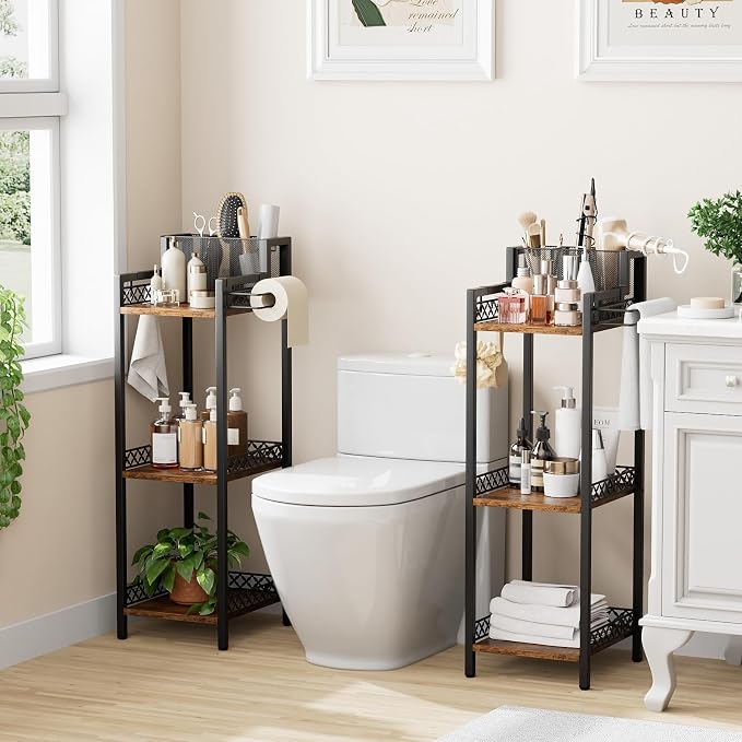 Bathroom Storage and Organizer Shelf Hair Dryer Holder, 9.85in | 3-Tier Narrow Metal Standing Rack with Toilet Paper Holder,Makeup Stand for Cosmetic, Vanity, Kitchen, Laundry Rustic Brown - Image 4