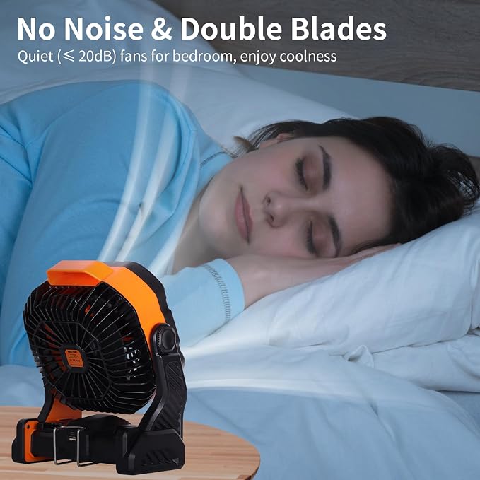 WESTTREE 20000mAh Battery powered fan Camping Fan essentials Portable fan Battery OperatedRechargeable Outdoor Tent with Light & Hook Personal USB Desk for Camping,Orange - Image 6