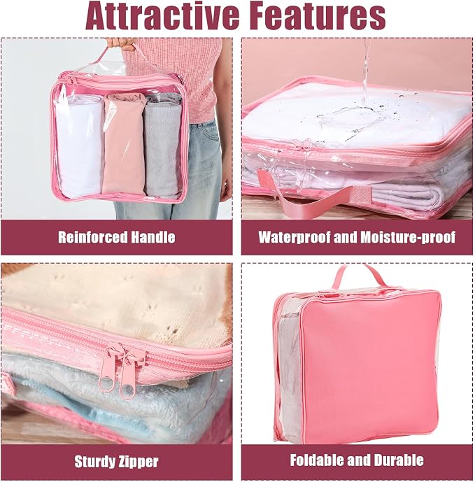 6 Pieces Large Clear Travel Packing Cube Clear Vinyl Zippered Storage Bags See Through Moving Bag PVC Multipurpose Pouch with Handle for Suitcase Shirts Dress Storage (Pink,11.8 x 10.2 x 3.9 Inch) - Image 3