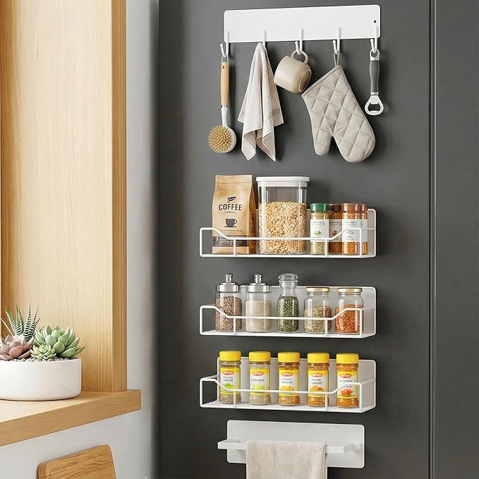 Magnetic Spice Rack for Refrigerator, 5 Pack Magnetic Fridge Organizer Shelves, Strong Magnetic Hold, No Drilling, Space Saving Storage Rack for Kitchen & Washing Machine Organizer (White) by Unknown
