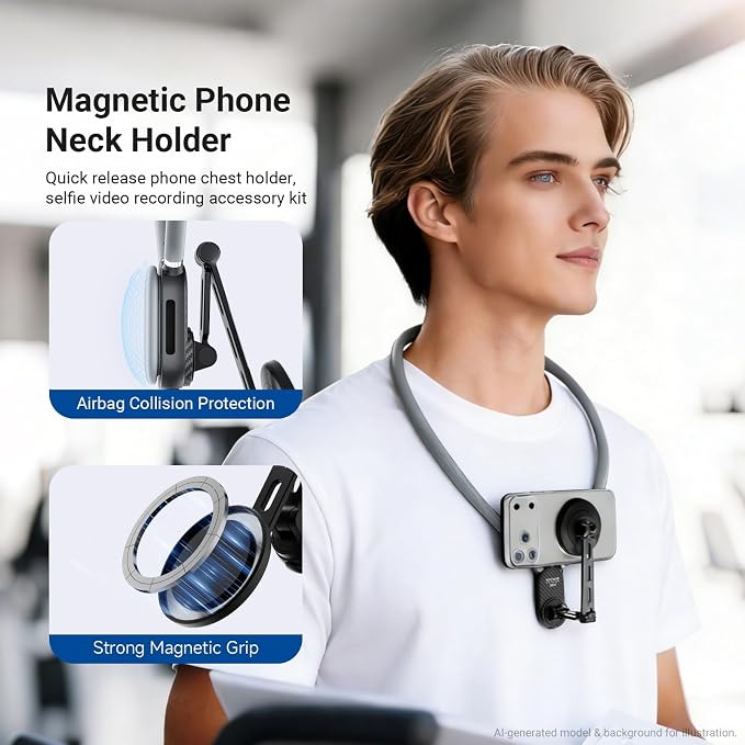 NEEWER Magnetic Phone Neck Holder, Quick Release Cell Phone Chest Mount Stand Adjustable Compatible with MagSafe iPhone Samsung Android, Accessories Kit for POV Vlogging Selfies Video Recording, GP47 - Image 2