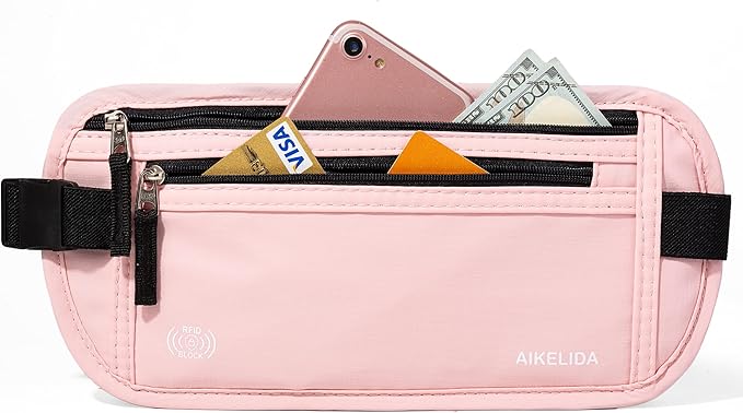 Money Belt - Slim Passport Holder RFID Blocking Travel Wallet Undercover Fanny Packs for Men Women - Pink by AIKELIDA