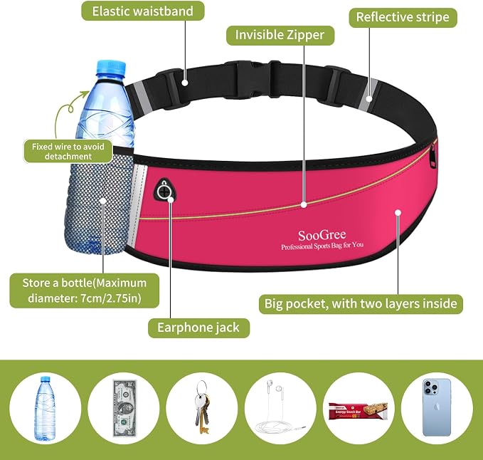 SooGree Slim Running Belt Fanny Packs for Women Men,Water Bottle Holder Hydration Fanny Pouch,Waterproof Sport Waist Pack with Reflective Strip,Runner Belt Bag for Running Cycling Camping Gym (Pink) - Image 5