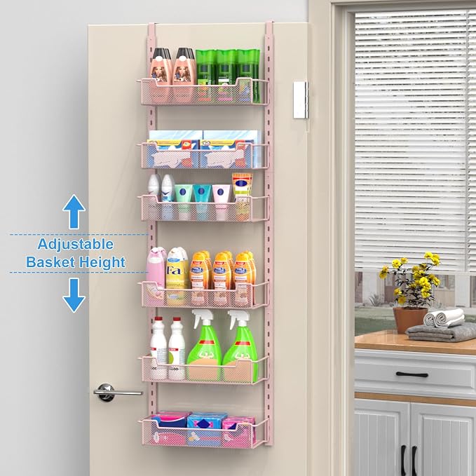 VyGrow 12.3" W Narrow Over the Door Pantry Organizer, 6-Tier Over the Door Organizer with Adjustable Basket, Pantry Door Organization for Pantry Kitchen Storage Room Spice Rack, Pink - Image 2