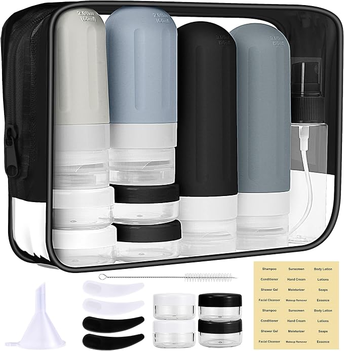 Travel Bottles for Toiletries 18Pack Containers Travel Size Toiletries | TSA Approved Leak Proof Refillable Liqus Shampoo And Conditioner travel Essentials toiletry Bottles Black by Landisun