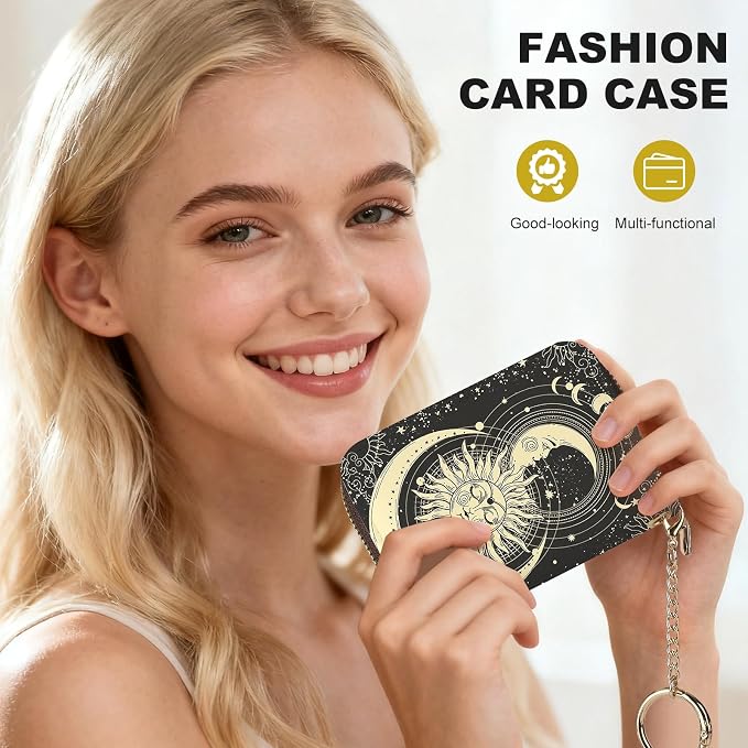 Credit Card Holder for Women,Small Rfid Wallet with Keychain Zipper,Cute PU Leather Card Case Wallet，Accordion Credit Card Wallets Gift,Sun Moon Face - Image 6