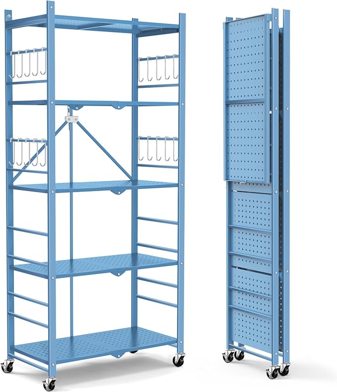 Himix 5-Tier Foldable Storage Shelves with 20 Hooks Wheels Garage Blue | Folding Standing Shelving, Metal collapsible organization, Wire shelf, No assembly, Home, Kitchen, Greenhouse, Holds 440 Ibs by Himix