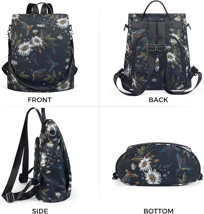 Convertible Backpack Purse for Women Nylon Anti-Theft Backpack | Hidden Back Zipper Opening, Light Compact Travel Size, Waterproof Nylon, Daypack for College Work, Hummingbird Back pack - Image 3