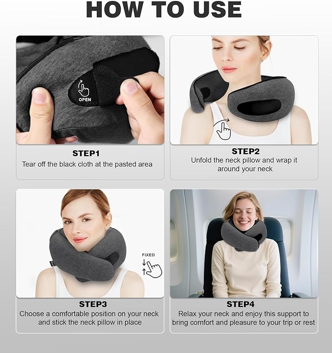 Travel Neck Pillow, Newly Upgraded Hooded Neck Pillow, 100% Pure Memory Foam Travel Pillow for Flight Headrest Sleep,Portable Aircraft Accessory,Suitable for use in Plane/Car/Office(Grey) - Image 5