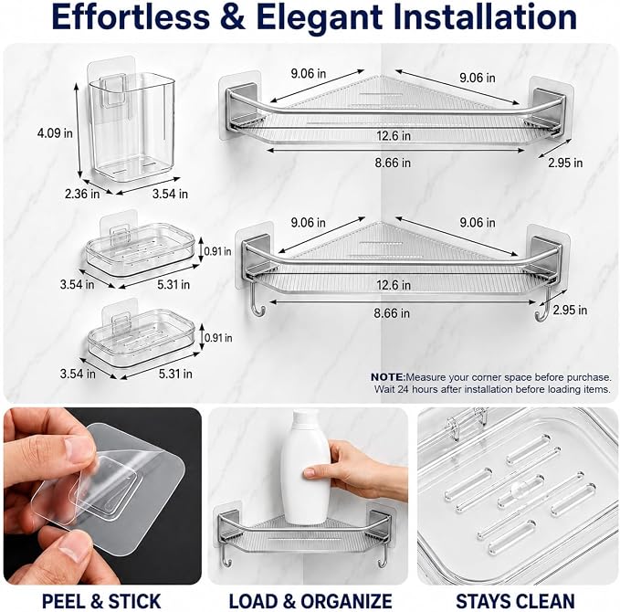 5 Pack Acrylic Shower Shelves Wall Mount, Shower Corner Shelf, Adhesive | Shower Organizers for Inside Stall, Clear, with Soap Holder Hooks and Drain Slots, No Drill, for Tile Glass in Small Baths - Image 2