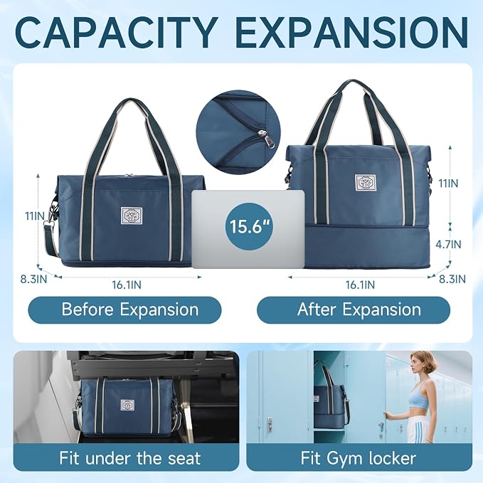 WALNEW Travel Duffel Bag, Weekender Overnight Carry On Bag for Women Men, Foldable Waterproof Gym Luggage with Metal Buckle Detachable Shoulder Strap and Wet Compartment (Peacock Blue) | Overnight Carry On Bag, Foldable Waterproof Gym Luggage with Meta... - Image 2