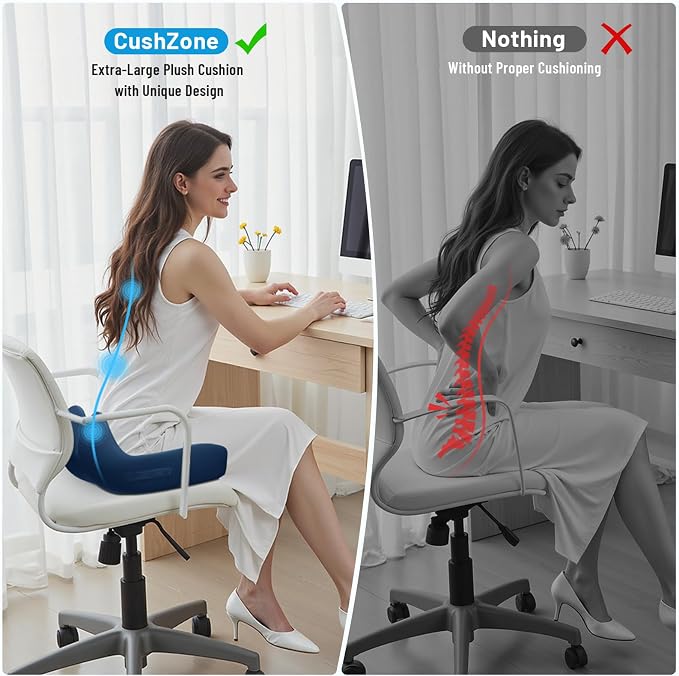 Memory Foam Seat Cushion, Ergonomic Office Chair Cushion for Long Sitting | Curved Tailbone Support Cushion for Car, Desk Chair and Wheelchair, Coccyx Comfort Pad with Breathable Cover, X-Large, Blue - Image 7