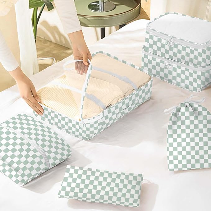KPX 8 Set Packing Cubes for Travel, Luggage Packing Organizers Accessories Large Toiletries Bag for Clothes Shoes Cosmetics (8Set-Green Checkered) - Image 6