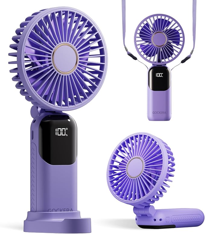 GOCKERA Portable Fan, 4200mAh Battery Operated Fan, 5 Speeds&Digital Display, Makeup Fans for Women with Base, 180°Foldable 3in1 Handheld/Neck/Desk Fan for Outdoor Indoor,Ultra Quiet (Purple) by GOCKERA