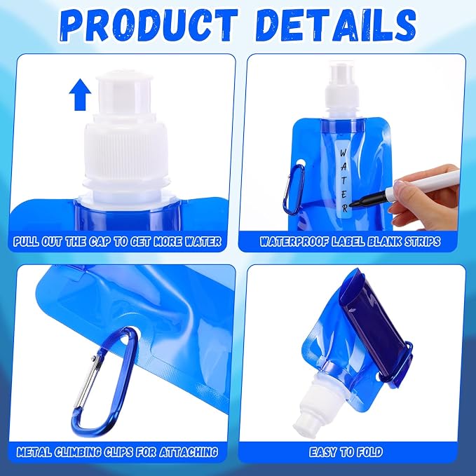Teenyyou 24 Pack Collapsible Water Bottles Bulk 16oz Foldable Water Bottles with Carabiner Reusable Drinking Leak Proof Container Bags for Sport Biking Hiking Camping Travel Outdoor (Blue) - Image 3